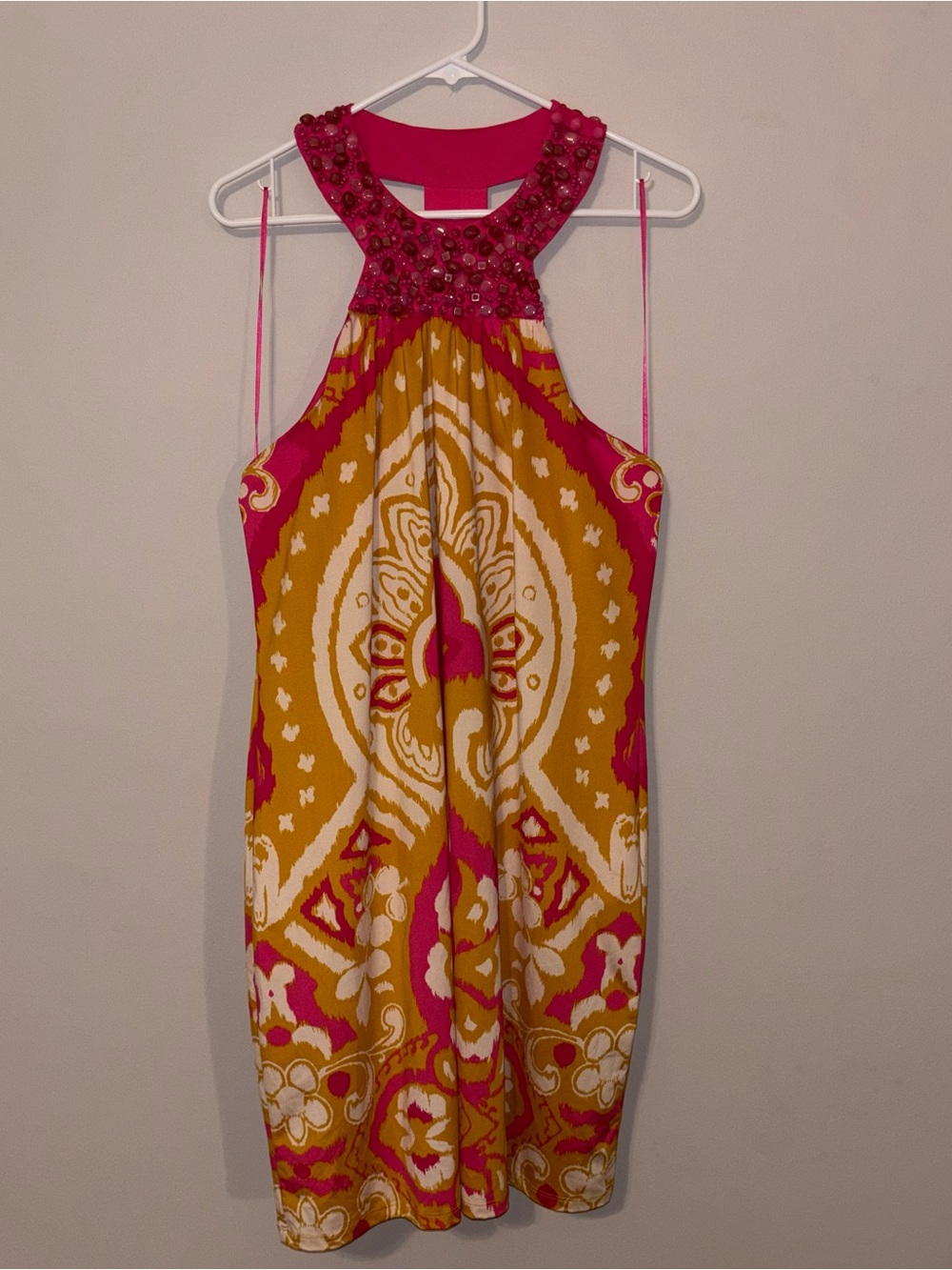INC International Concepts Pink and Mustard Halter Dress with Beaded Neckline